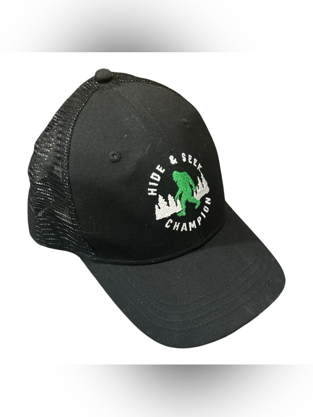 Trucker Hat black w/Green Bigfoot patch ‘Hide & Seek Champion’ adjustable unisex
